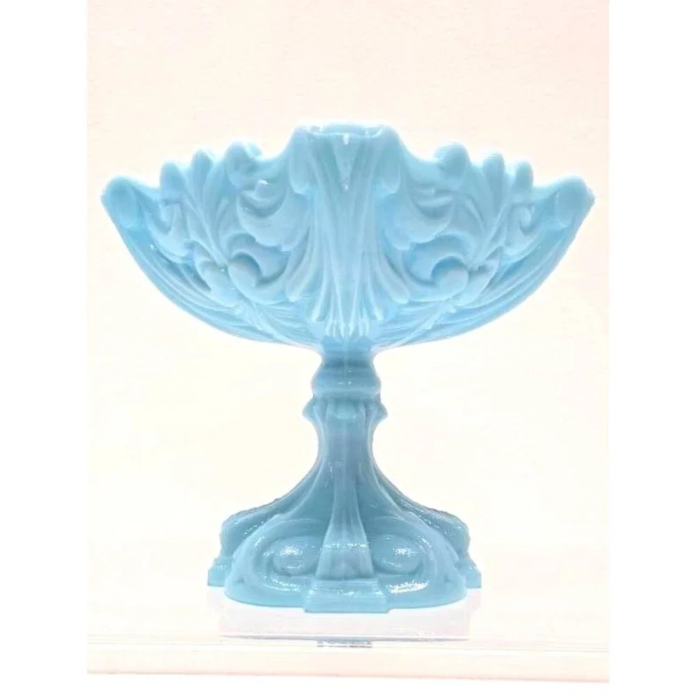 Vintage Portieux Vallerysthal Aqua Blue Opaline Milk Glass Compote France